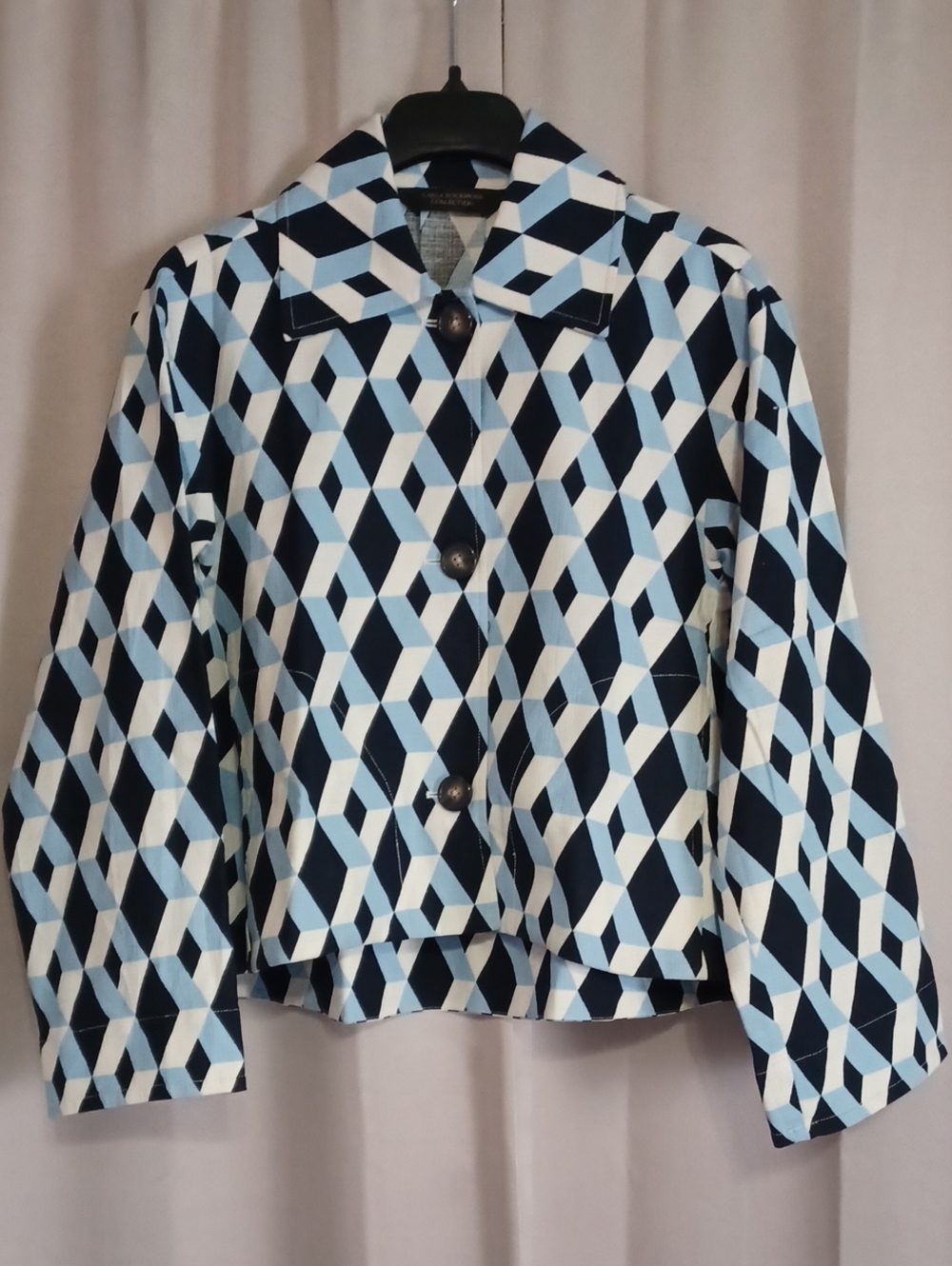Carla Rockmore Oversized Cotton Canvas Swing Jacket Blue Optical Geometric XXS